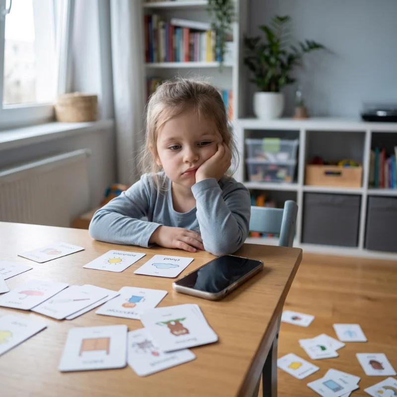 Dziecko znudzone zwykłymi papierowymi fiszkami — nauka angielskiego bez efektu